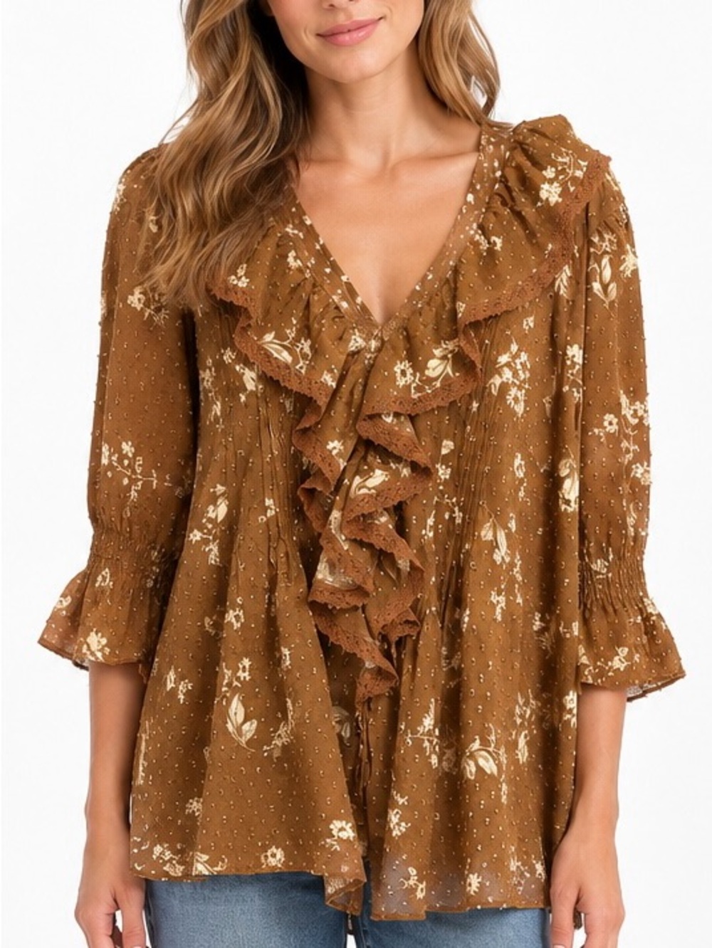 By Anthropologie Ruffled Pintuck Blouse M Toffee Floral Boho Chic